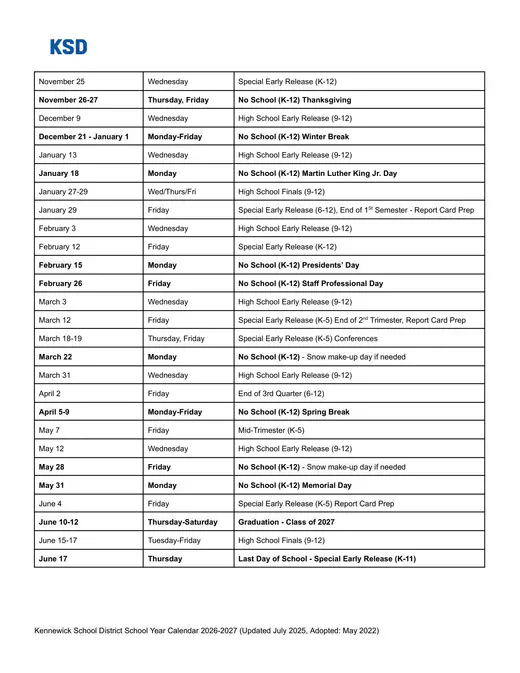 Kennewick School District 2026–2027 Academic Calendar Page 2