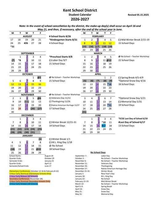 Kent School District 2026–2027 Academic Calendar