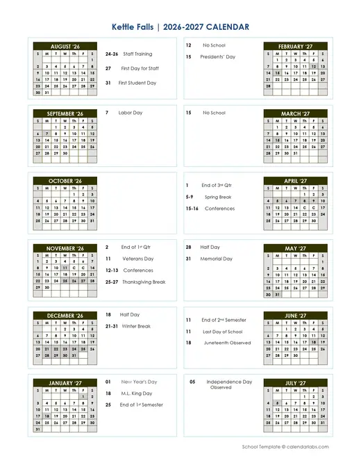 Kettle Falls 2026–2027 Academic Calendar Page 1