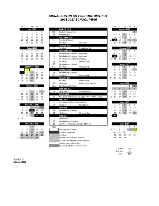Kiona-Benton City School District 2026–2027 Academic Calendar Page 1