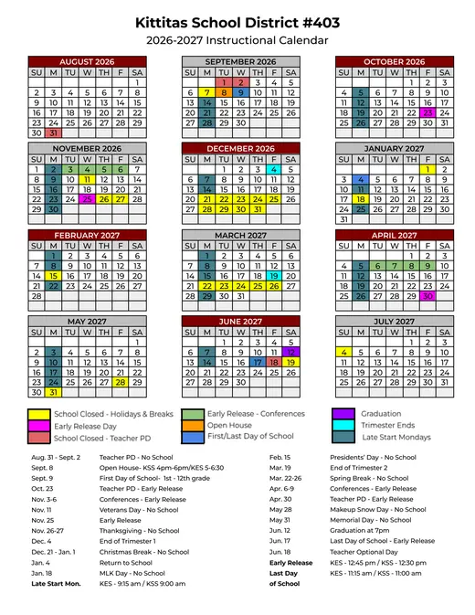 Kittitas School District #403 2026–2027 Academic Calendar