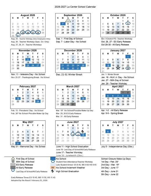 La Center School District 2026–2027 Academic Calendar