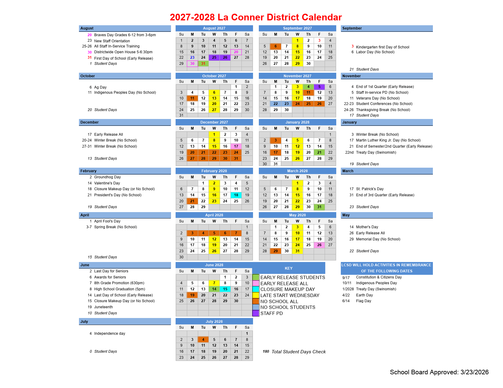 La Conner District 2027–2028 Academic Calendar Page 2