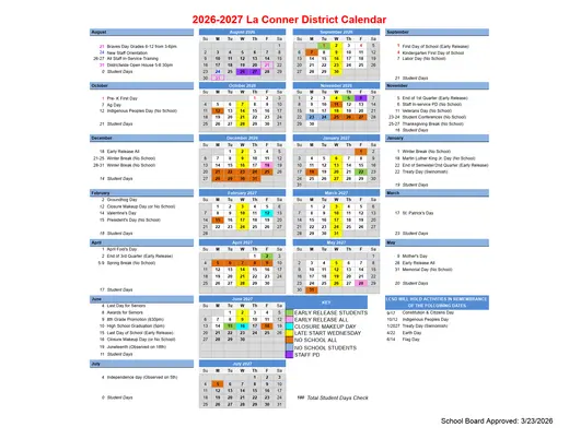 La Conner District 2027–2028 Academic Calendar Page 1