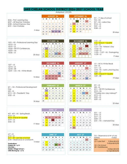 Lake Chelan School District 2026–2027 Academic Calendar Page 1