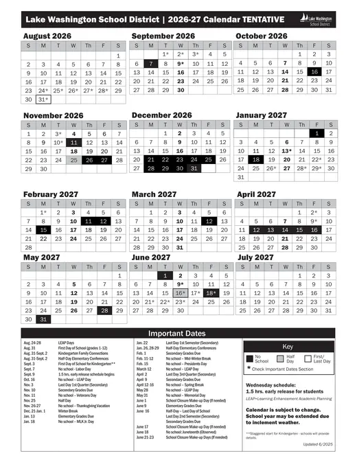 Lake Washington School District 2026–2027 Academic Calendar Page 1