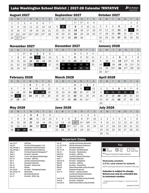Lake Washington School District 2026–2027 Academic Calendar Page 2