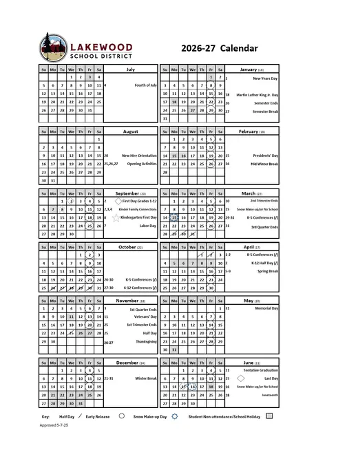Lakewood School District 2026–2027 Academic Calendar Page 1