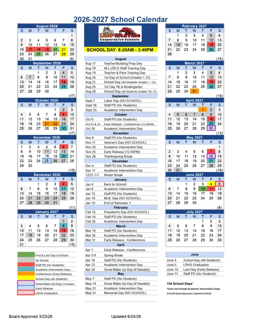 Lind-Ritzville Cooperative Schools 2026–2027 Academic Calendar Page 1