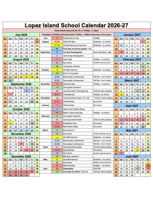 Lopez Island School 2026–2027 Academic Calendar