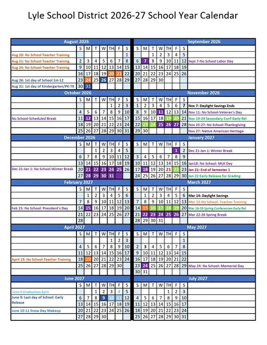 Lyle School District 2026–2027 Academic Calendar