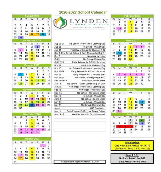 Lynden School District 2026–2027 Academic Calendar Page 2
