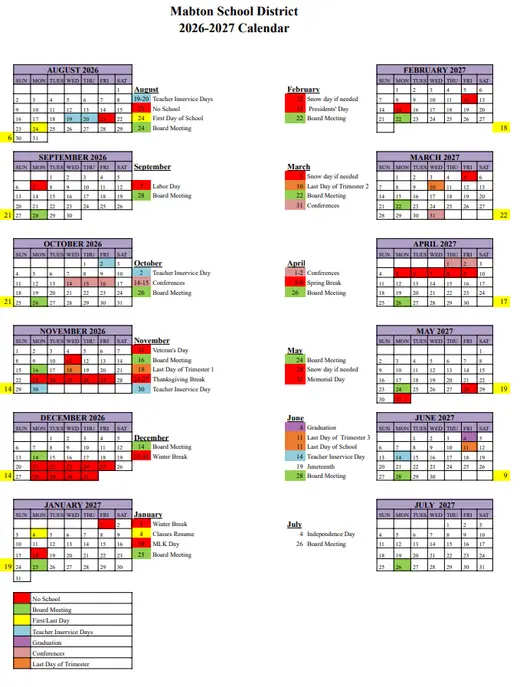 Mabton School District 2026–2027 Academic Calendar Page 1