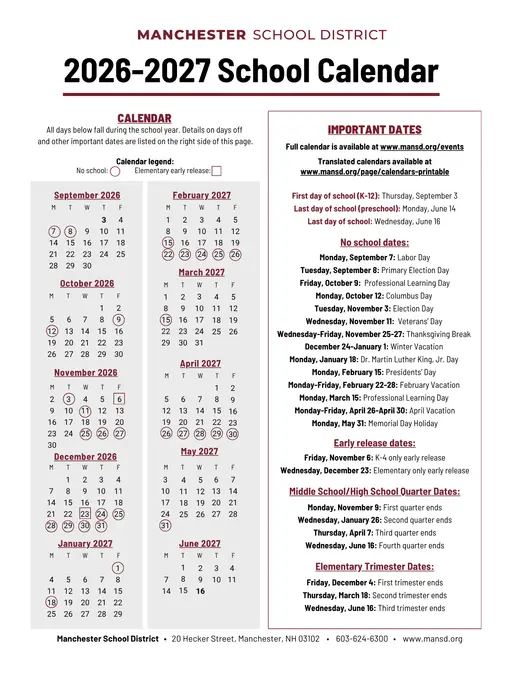 Manchester School District 2026–2027 Academic Calendar Page 2