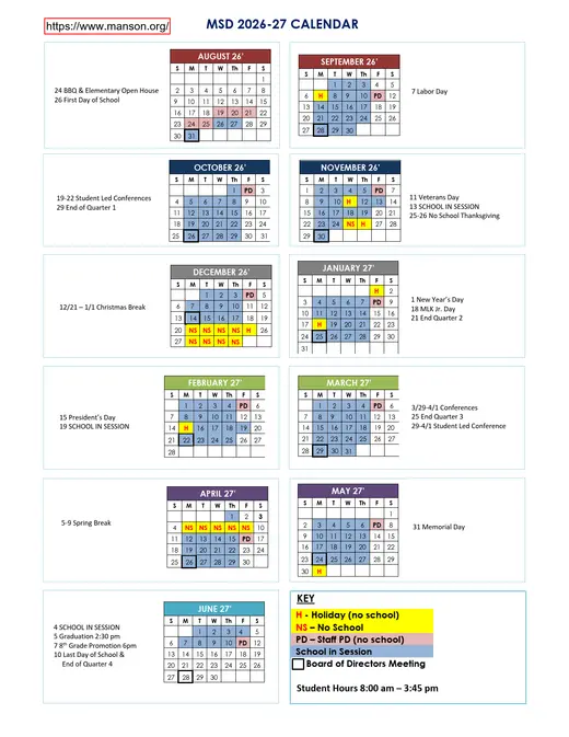 Manson School District 2026–2027 Academic Calendar Page 1