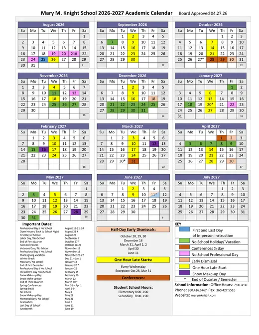 Mary M. Knight School 2026–2027 Academic Calendar Page 1