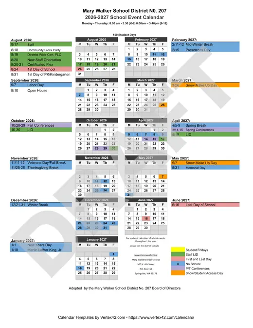 Mary Walker School District No. 207 2026–2027 Academic Calendar Page 1