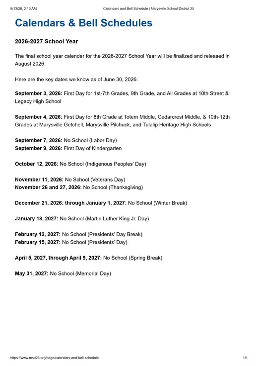 Marysville School District 25 2026–2027 Academic Calendar Page 1