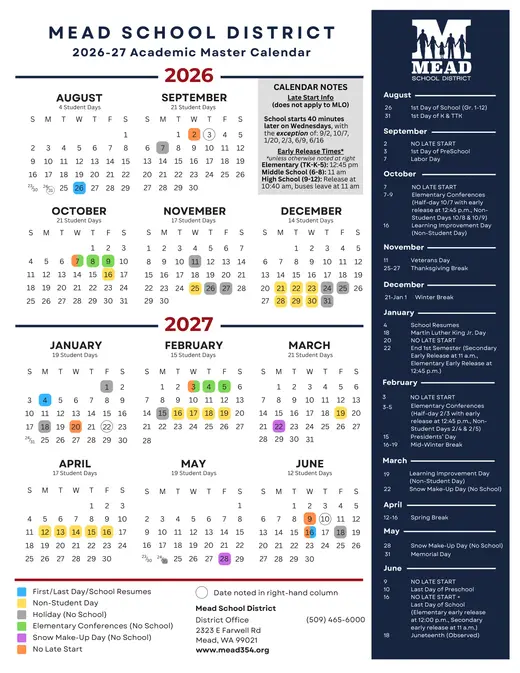 Mead School District 2026–2027 Academic Calendar