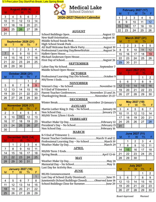 Medical Lake School District 2026–2027 Academic Calendar Page 1