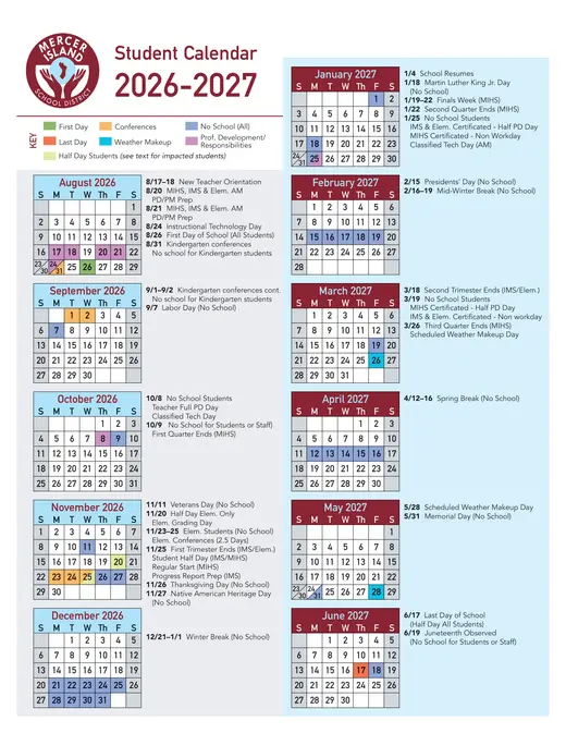 Mercer Island School District 2026–2027 Academic Calendar Page 1