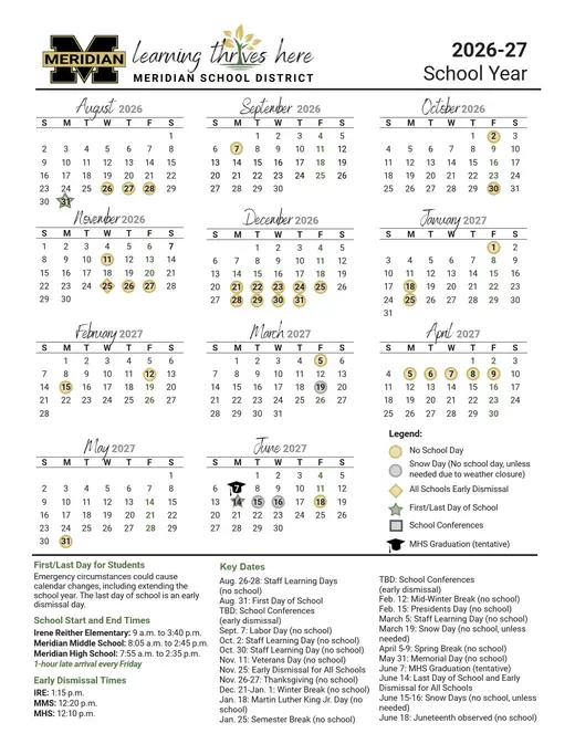 Meridian School District 2026–2027 Academic Calendar Page 1