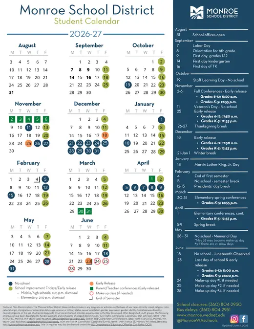 Monroe School District 2026–2027 Academic Calendar Page 1