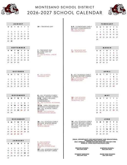 Montesano School District 2026–2027 Academic Calendar Page 1