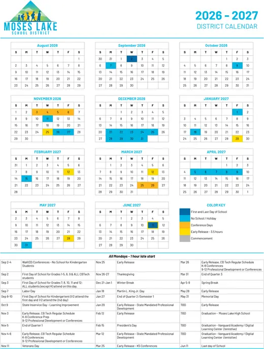 Moses Lake School District 2026–2027 Academic Calendar Page 2
