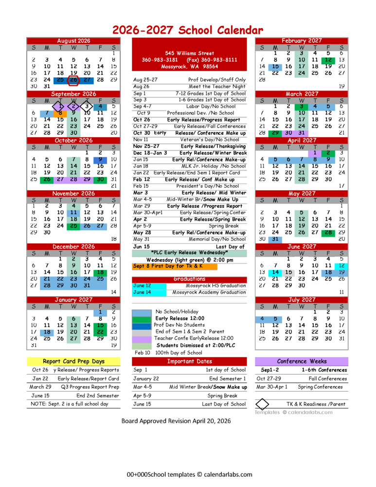 Mossyrock School 2026–2027 Academic Calendar Page 2