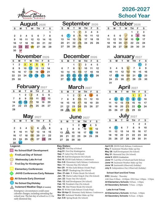 Mount Baker School District 2026–2027 Academic Calendar Page 1