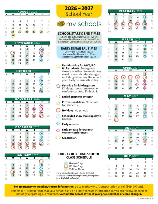 Mv Schools 2026–2027 Academic Calendar Page 1