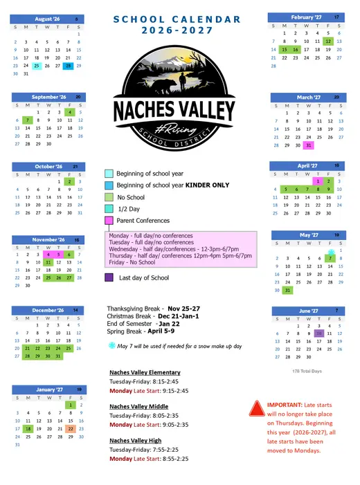 Naches Valley School District 2027–2028 Academic Calendar Page 1