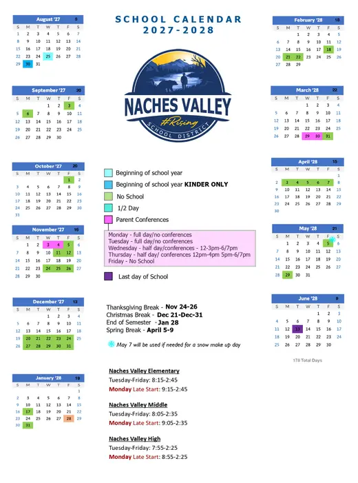Naches Valley School District 2027–2028 Academic Calendar Page 2