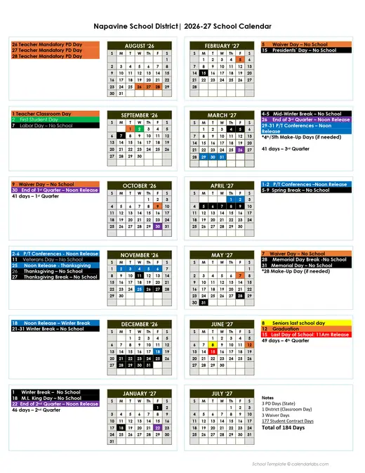 Napavine School District 2026–2027 Academic Calendar Page 1