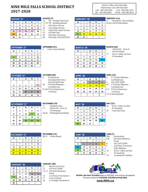 Nine Mile Falls School District 2027–2028 Academic Calendar Page 2