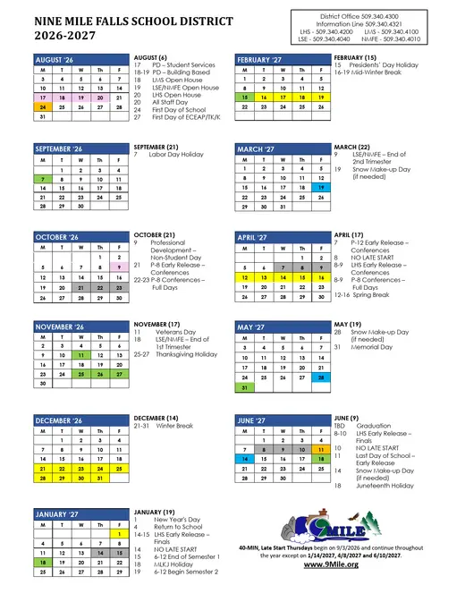 Nine Mile Falls School District 2027–2028 Academic Calendar Page 1