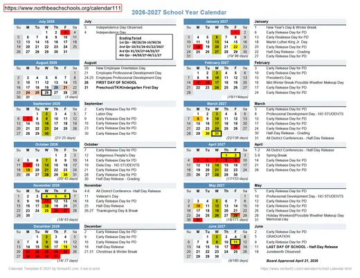 North Beach School District 2026–2027 Academic Calendar Page 1