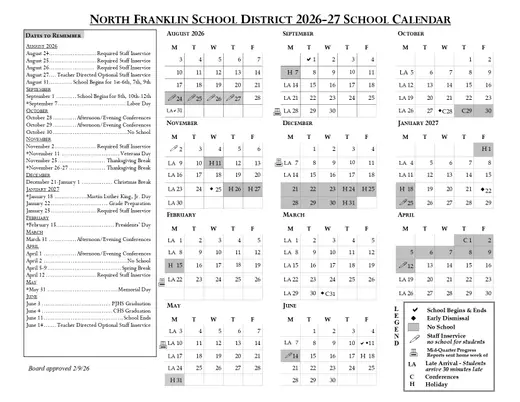 North Franklin School District 2026–2027 Academic Calendar