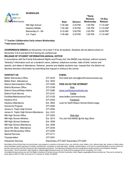 North Mason School District 2026–2027 Academic Calendar Page 1