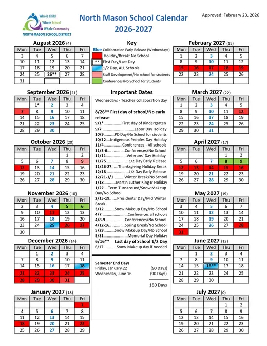 North Mason School District 2026–2027 Academic Calendar Page 2