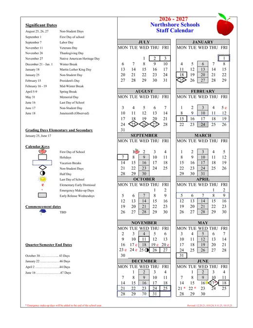 Northshore Schools 2026–2027 Academic Calendar