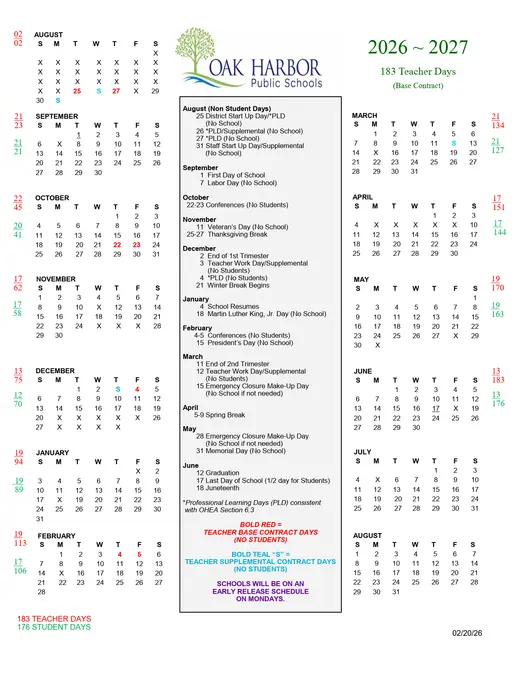 Oak Harbor Public Schools 2026–2027 Academic Calendar Page 1