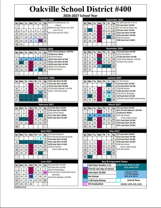 Oakville School District #400 2026–2027 Academic Calendar Page 1