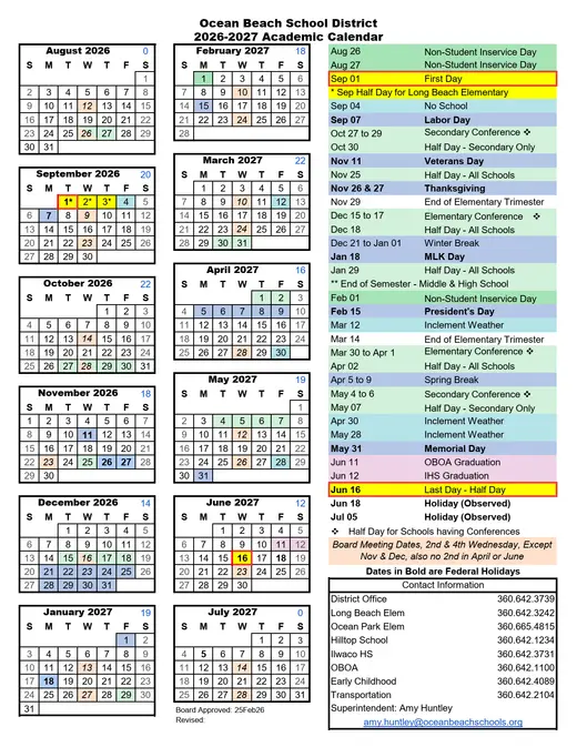 Ocean Beach School District 2026–2027 Academic Calendar Page 1