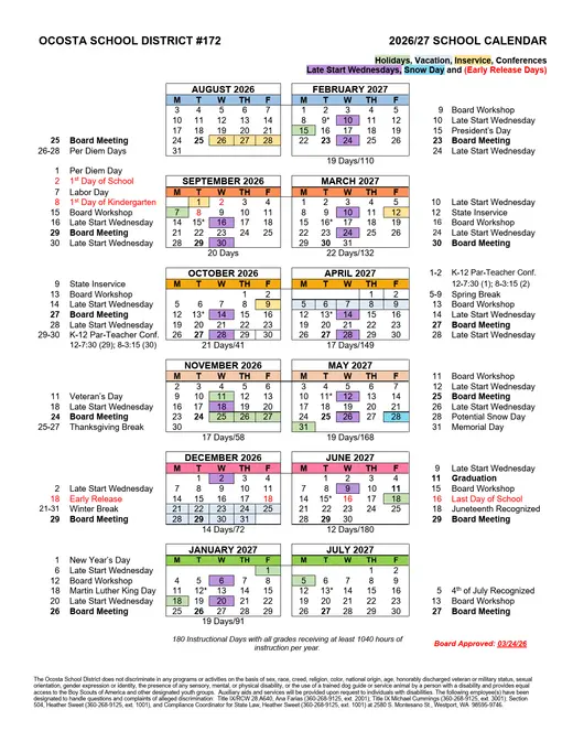 Ocosta School District #172 2026–2027 Academic Calendar