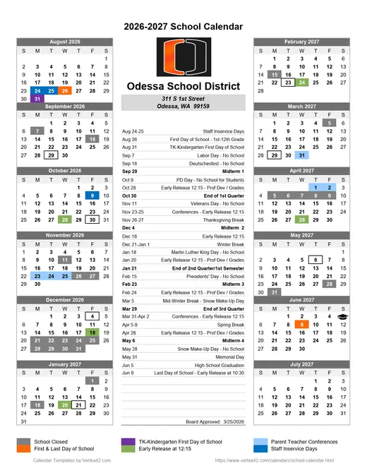 Odessa School District 2026–2027 Academic Calendar Page 1