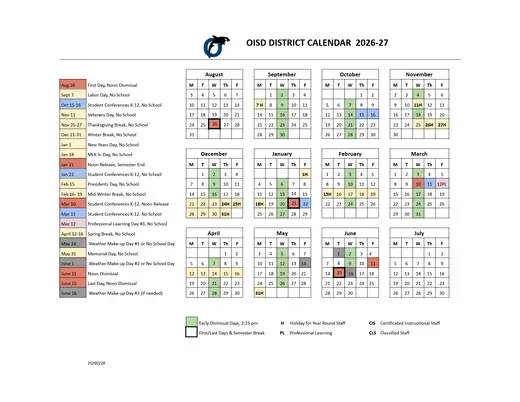 Oisd 2026–2027 Academic Calendar Page 1