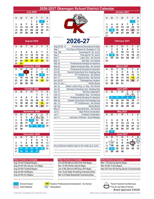 Okanogan School District 2026–2027 Academic Calendar Page 1