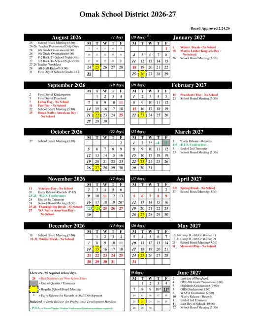 Omak School District 2026–2027 Academic Calendar